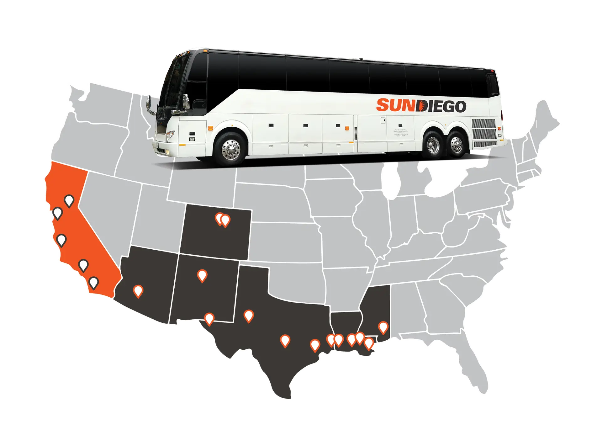 Sun Diego Charter motorcoach above a map of affiliated locations across the southern and western United States