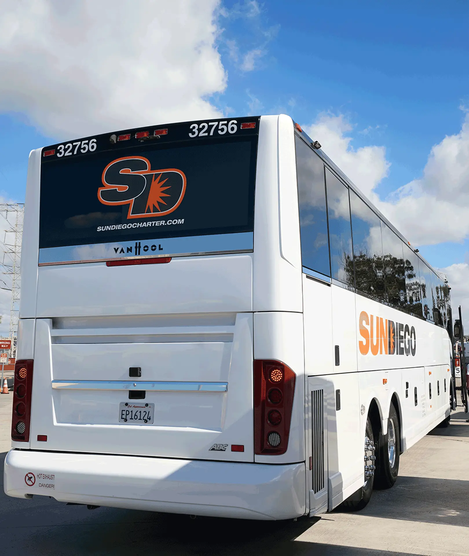 Rear view of a Sun Diego Charter motorcoach