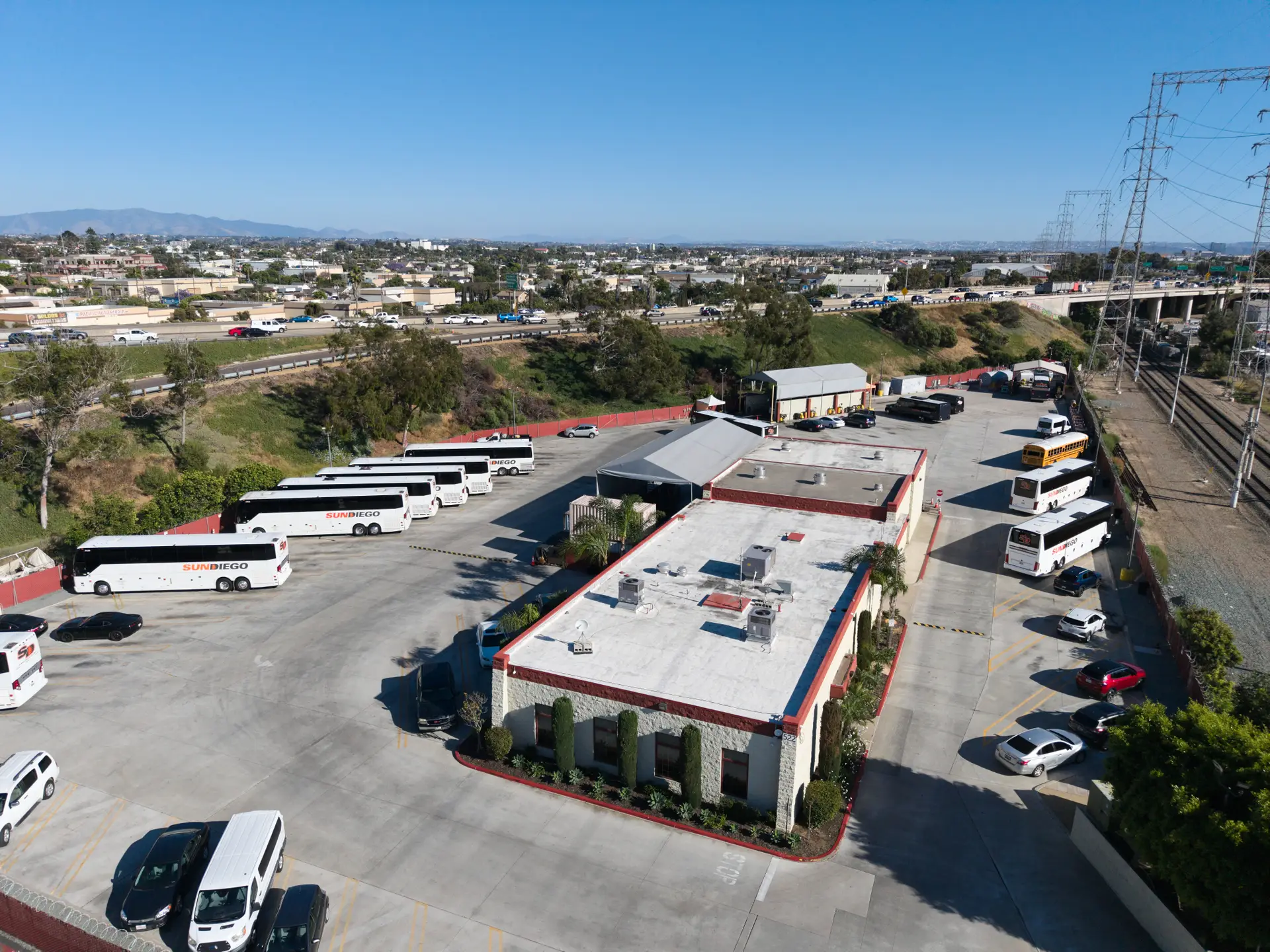 Aerial view of the Sun Diego Charter facility and parked motorcoaches