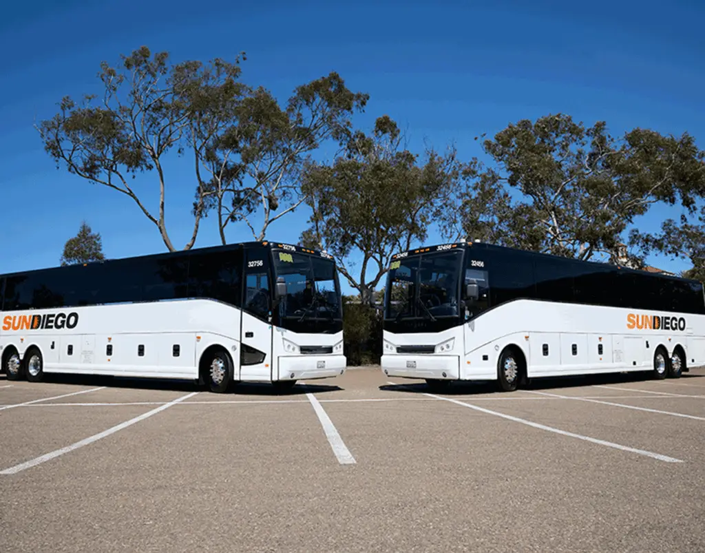 Two Sun Diego Charter motorcoaches parked side by side