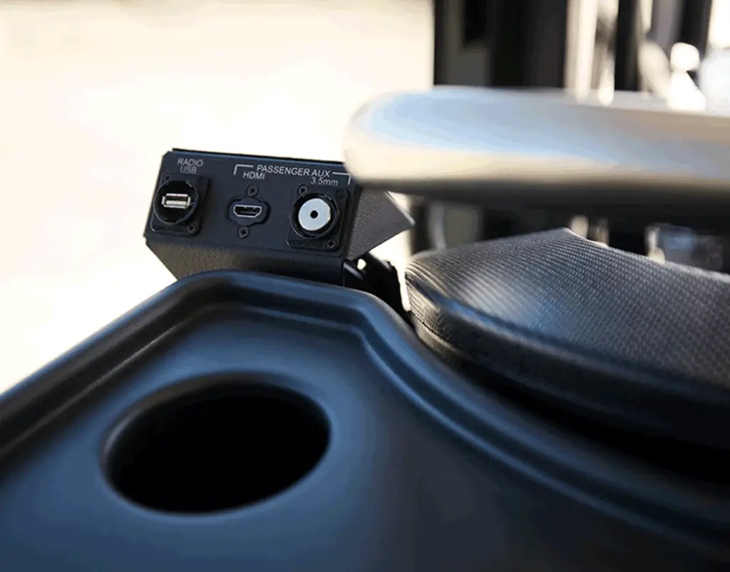 USB port, HDMI connection and auxiliary audio jack beside a motorcoach cup holder