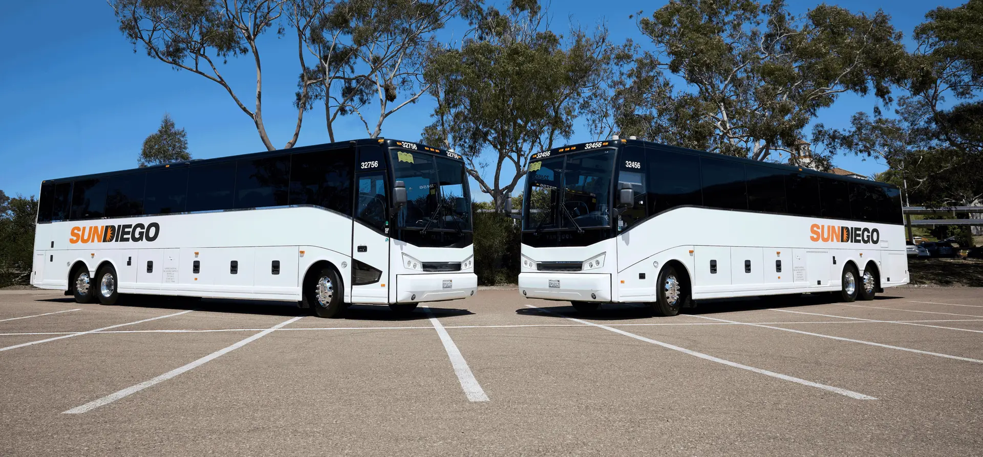 Two Sun Diego Charter motorcoaches parked side by side