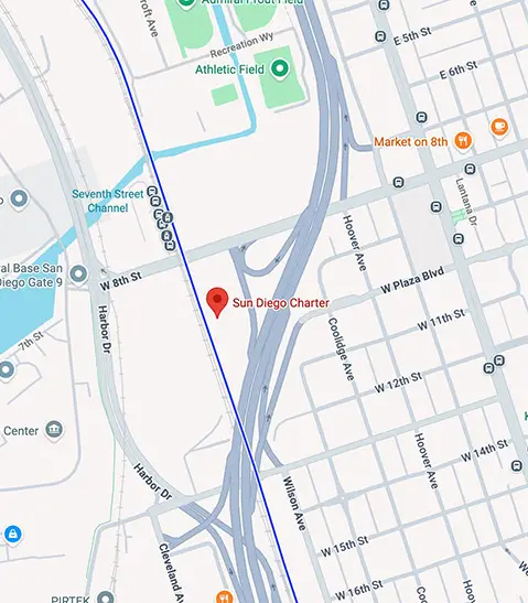 Map showing the Sun Diego Charter location and nearby streets