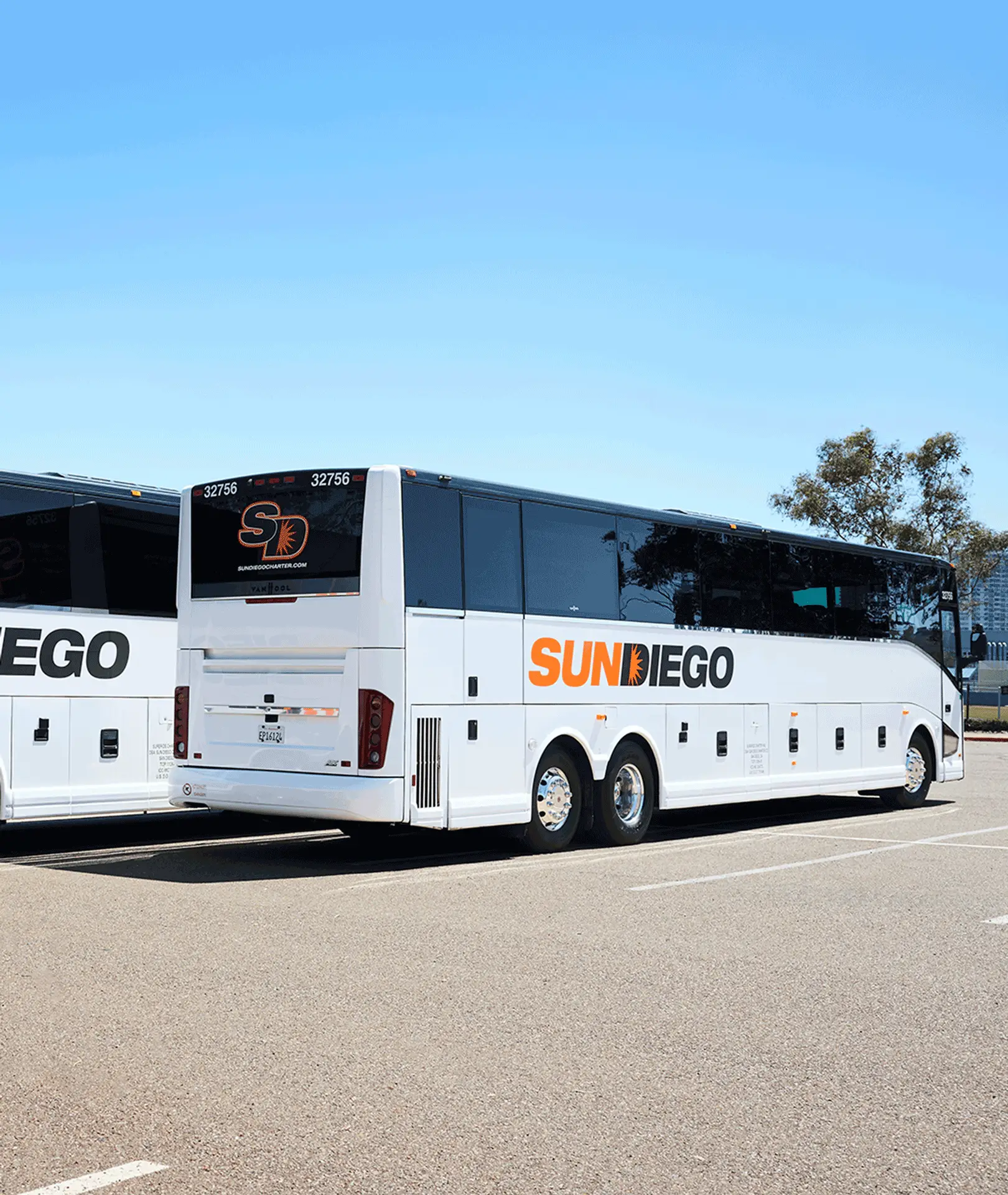 Rear and side view of a Sun Diego Charter motorcoach