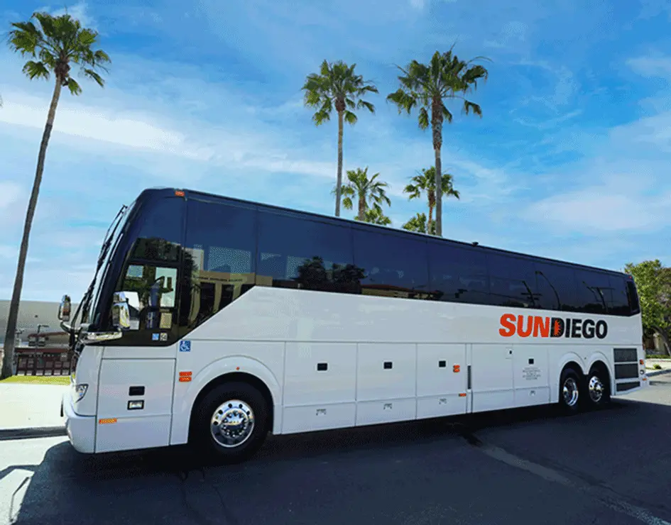 Sun Diego Charter motorcoach parked beside palm trees
