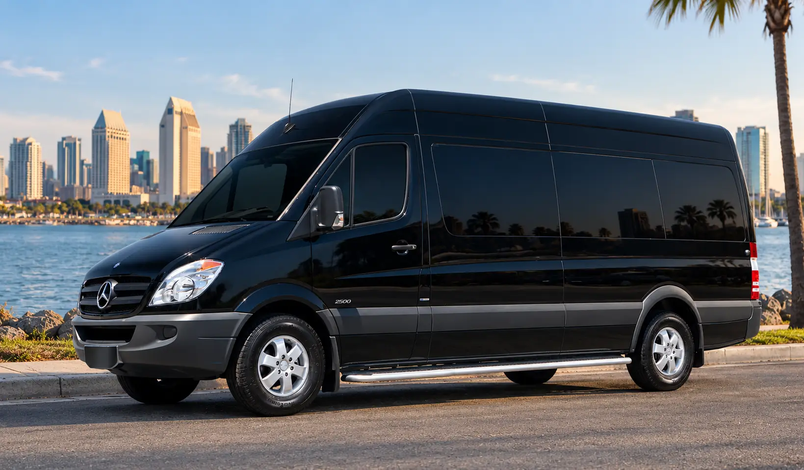 Black Sprinter van parked by the San Diego harbor with the downtown skyline behind it