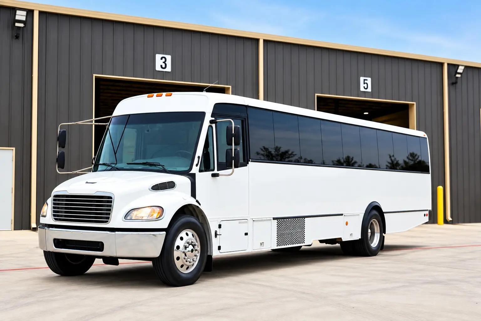 White Sun Diego Charter commercial bus parked outside a maintenance garage