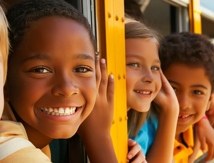 Smiling children looking out of school bus windows