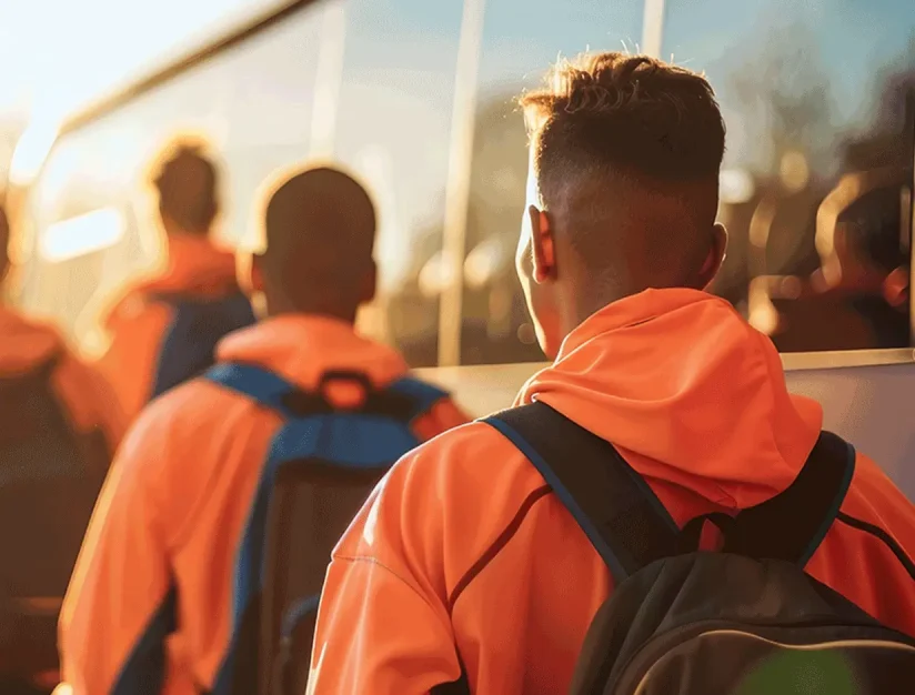 People wearing orange hoodies and backpacks approaching a motorcoach