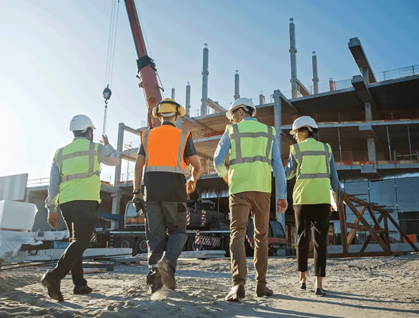 Construction workers in hard hats and reflective vests walking toward a job site